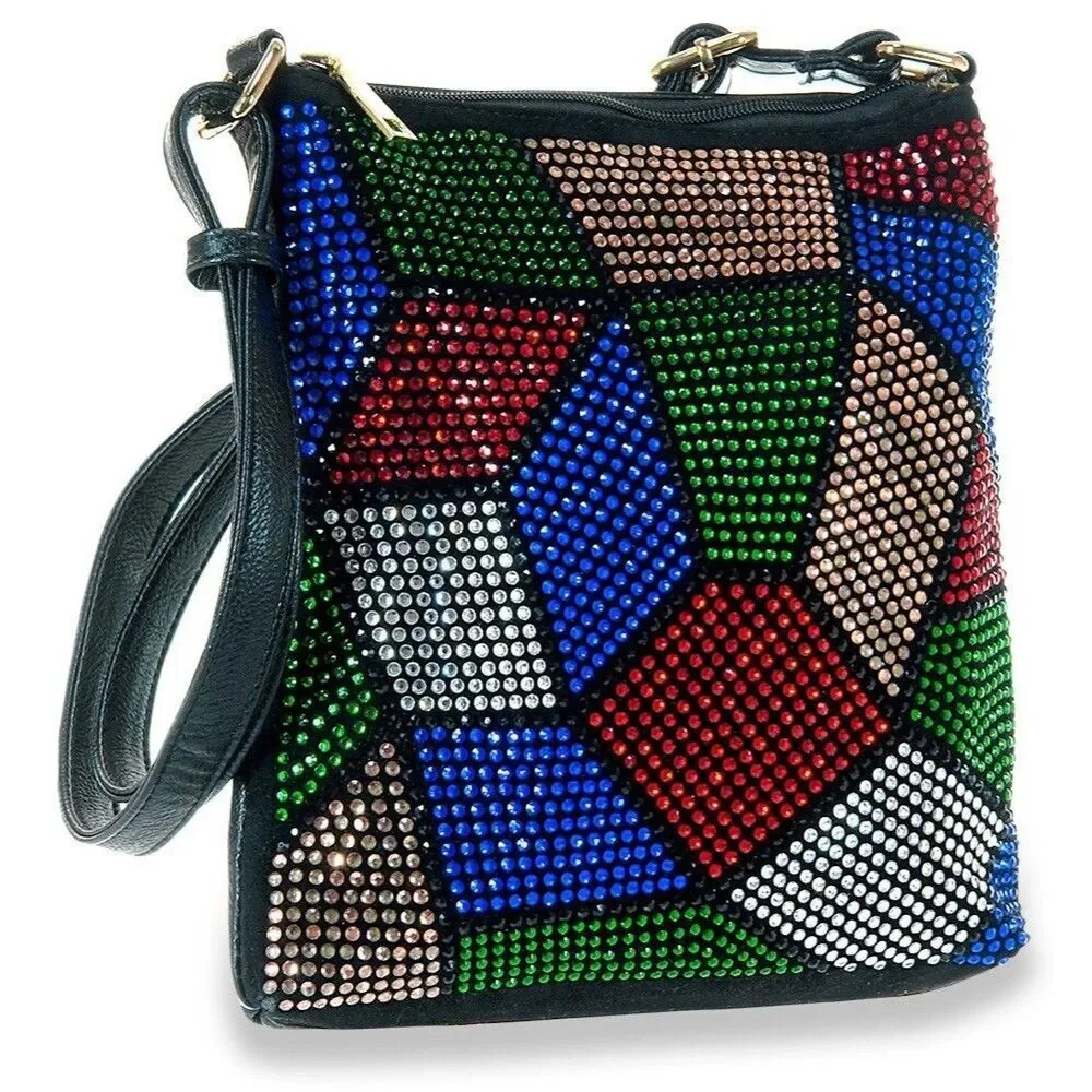 Jewell Toned Colorful Rhinestone Medium Square Crossbody Sling Handbag Backpack